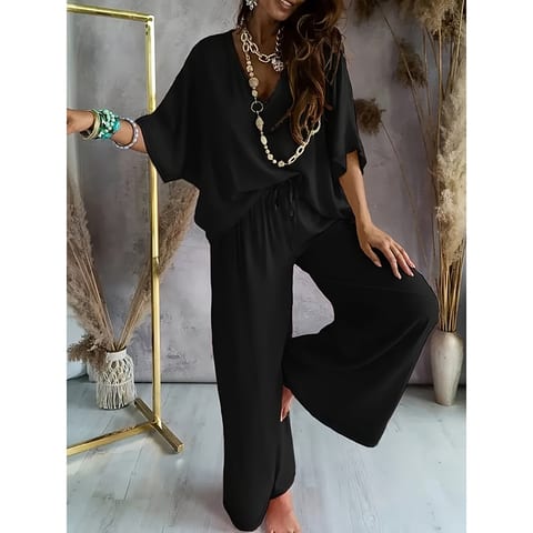 Women's 2 Piece Outfit, Casual Solid Color V-Neck Half Sleeve Top And Wide Leg