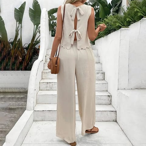 Women's Elegant 2-Piece Matching Set, Sleeveless Crop Top And Wide Leg Pants