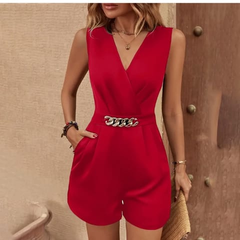 Women's Elegant Sleeveless V-Neck Jumpsuit Solid Color One-Piece With Belt