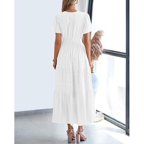 Women's Summer Short Sleeve V Neck Swing Dress Flowy Pleated Tiered Maxi Beach