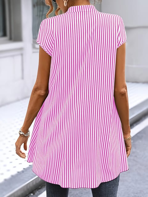Black And White Striped Fake Two-piece Short-sleeved Shirt, Round-neck