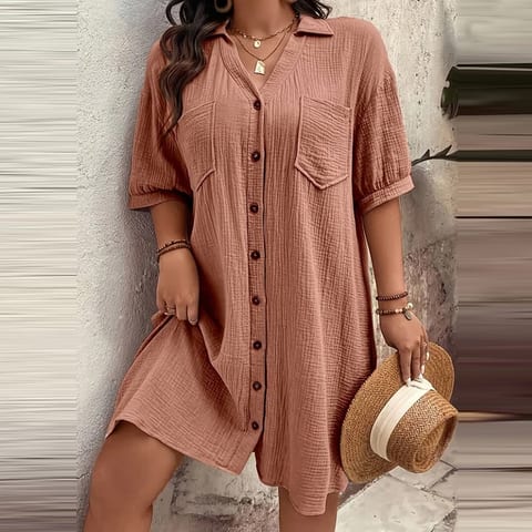 Womens Cotton Shirt Dress Summer Casual Short Sleeve Button Down V Neck Loose