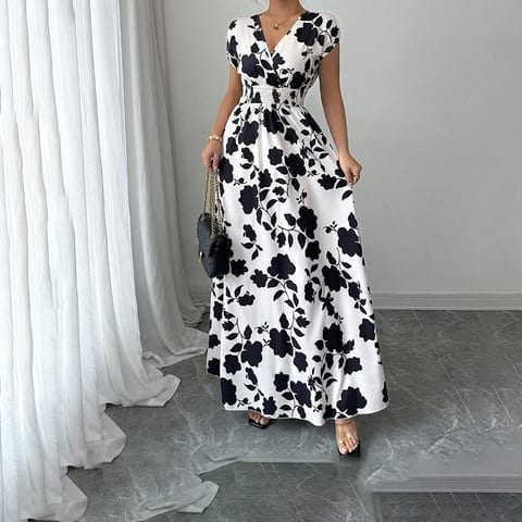 Women's Wrap V Neck Short Sleeve Empire Elastic Waist Summer Casual Elegant