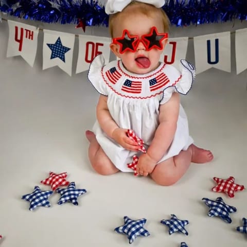 Baby Girl 4th Of July Bubble Romper, Smocked Fly Sleeve Bodysuit With American