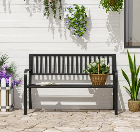 50ft Outdoor Bench Seat, Patio Bench With Slatted Seat, Metal Porch Bench, With