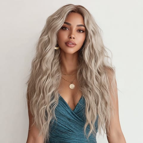 European And American Fashion T-shaped Lace Front Wig Gray Gradient Wavy Curly