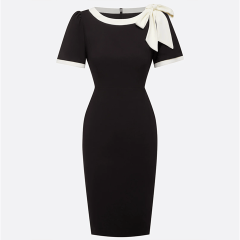 Women's Round Neck Bow Knot Contrast Color Bodycon Knee-Length Short Sleeve