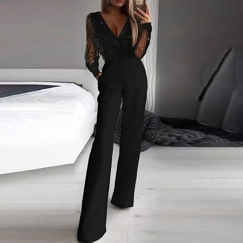 Women's Sexy Solid Color Deep V-Neck Tulle & Sequin Straight Leg Jumpsuit With
