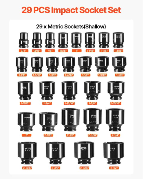 Impact Socket Set 29 Piece Impact Sockets, 6-Point Sockets, Rugged
