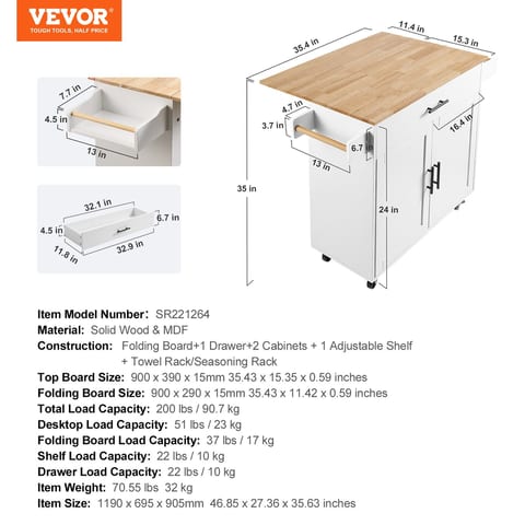 Kitchen Island Cart With Solid Wood Top, Mobile Carts With Storage Cabinet