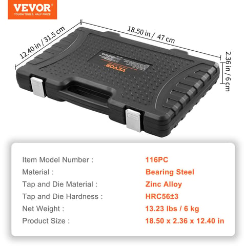 Tap And Die Set, 116-Piece Include Metric And SAE Size, Bearing Steel Taps And