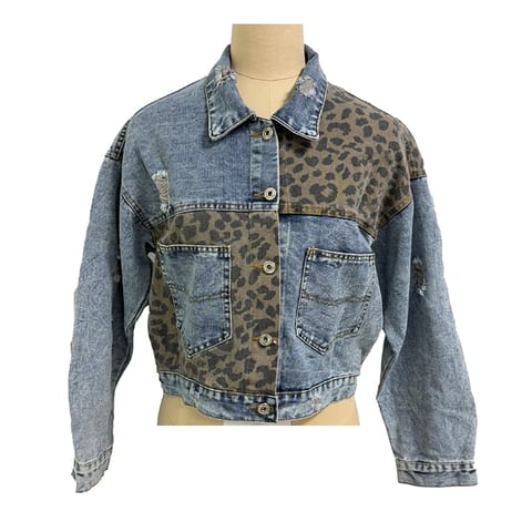 Women's Cropped Distressed Denim Jacket Ripped Button Down Jean Jacket Long