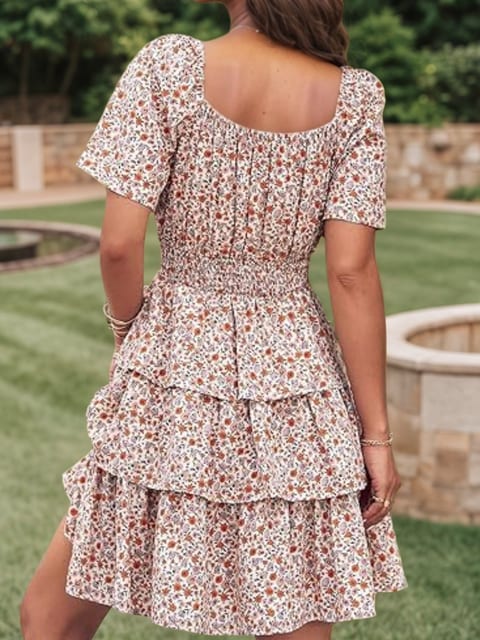 Women’s New Floral Summer Short Dress Square Neck Short Sleeve Layered Folded