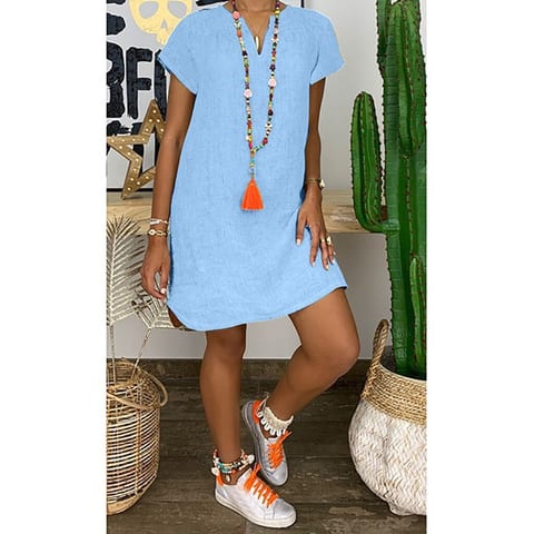 Summer Loose Solid Color Short-sleeve Irregular V-neck Cotton-linen Dress For