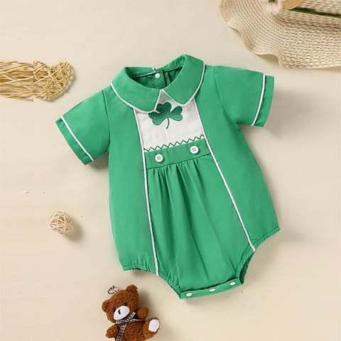 Baby Green Lapel Short Sleeve Romper Clover Print Button Detail Playsuit With