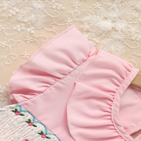 Toddler Girl's Pink Ruffle Sleeve Dress Letter Embroidery & Bow Detail With