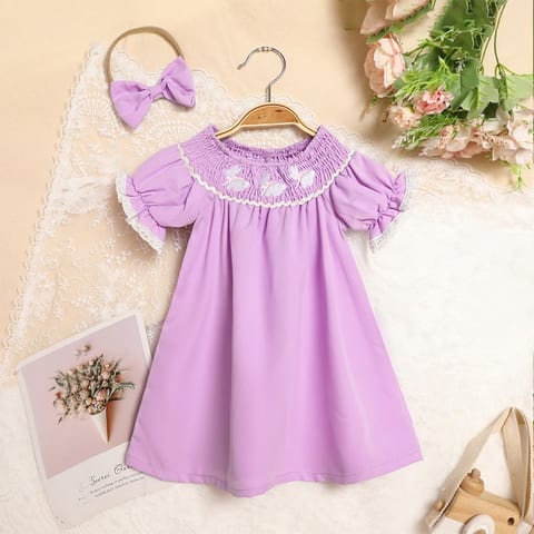 Toddler Girl's Bunny Dress Bow Headband Ruffle Sleeve Smocked Dress With Rabbit