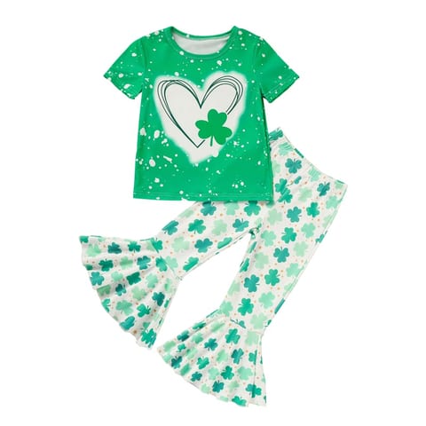 Girl's Clover Print 2-Piece Set, Short Sleeve T-Shirt And Flare Leg Pants For