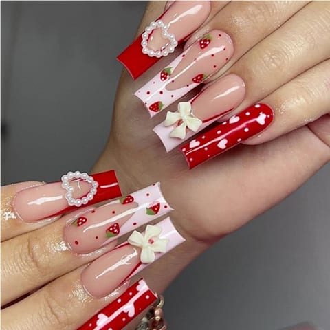 24 PCS Strawberry Bow Nail Art, Long Length Long Water Pipe Fake Nails,Square