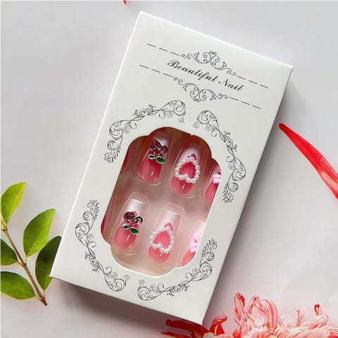 24 PCS Cherry Bow Nail Art, Long Length Long Water Pipe Fake Nails,Square Head
