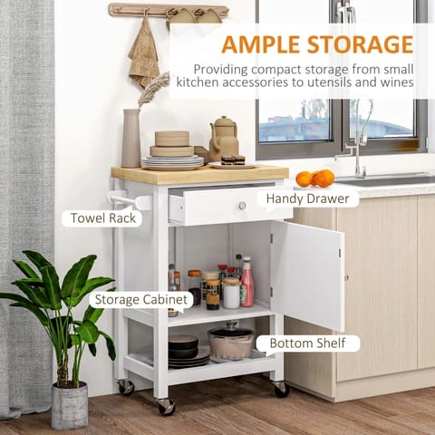 Kitchen Island On Wheels, Rolling Kitchen Cart With Rubberwood Top, Drawer
