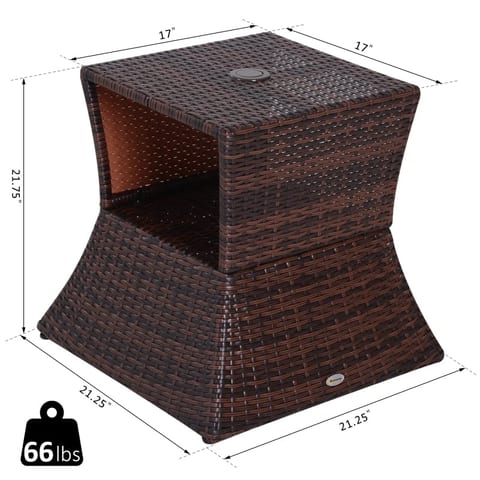 Outdoor Side Table With Umbrella Hole, 2 Tier Rattan Wicker End Table With