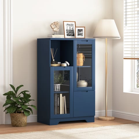 MDF Painted Cabinet With Glass Doors And Drawer, Open Storage Space, Navy Blue