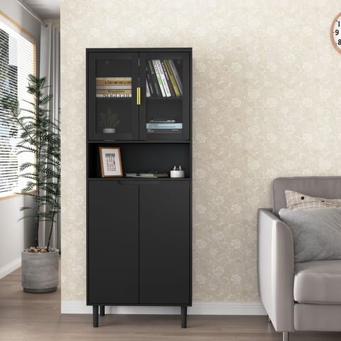 Tempered Glass Door Tall Storage Bookcase With Adjustable Board, 4 Doors MDF