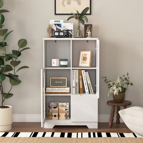 MDF Painted Cabinet With Glass Doors And Drawer, Open Storage Space, White