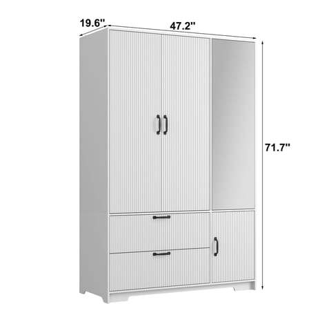 4 Doors Wardrobe Closet With Mirror, LED Wardrobe With Doors And 2 Drawers