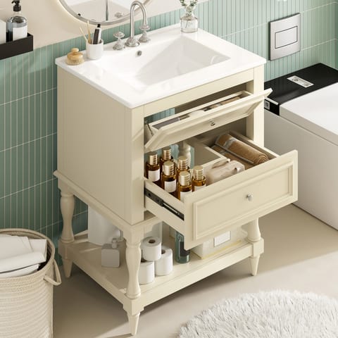24'' Bathroom Vanity With Ceramic Sink, Bathroom Storage Cabinet With Open