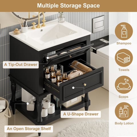 24'' Bathroom Vanity With Ceramic Sink, Bathroom Storage Cabinet With Open