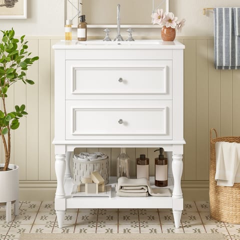 24'' Bathroom Vanity With Ceramic Sink, Bathroom Storage Cabinet With Open