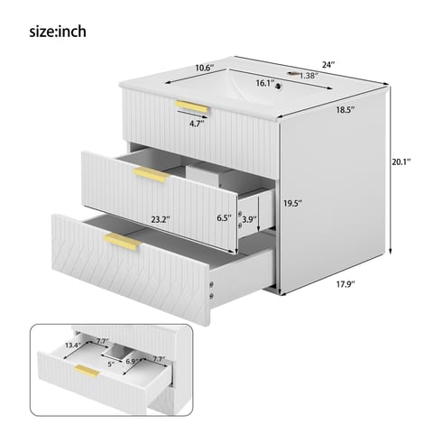 24inch Wall Mounted Floating Cabinet W Double Drawer, Floating Rectangular