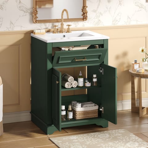 24 Bathroom Vanity With Integrated Ceramic Sink, Bathroom Cabinet With 2 Doors