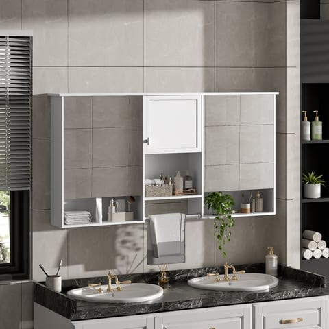 55 Inch Wall-Mount 3-in-1 Mirror Cabinet With Adjustable Shelf, Soft-Closing