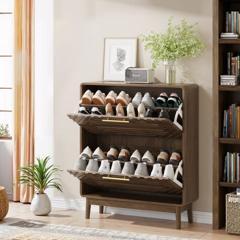 31.5 Walnut Shoe Cabinet, Mid-Century Modern Freestanding Shoe Cabinet