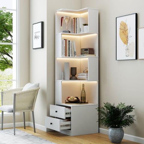 Corner BookShelf With Drawers,4-Tier Corner Bookshelf Bookcase With Baffle