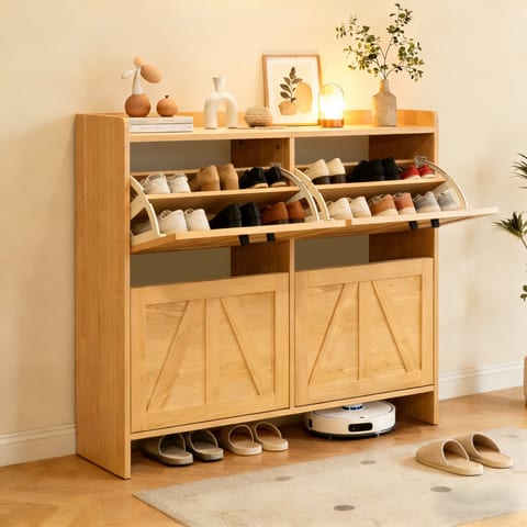 Light Oak Rustic Barn-Door Shoe Cabinet With 4 Flip Drawers, Sleek Space-Saving