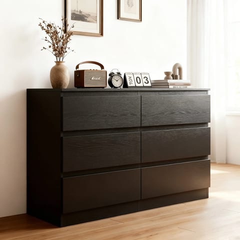 6 Drawer Black Dresser, Modern Bedroom Dresser With Spacious Countertop, Wood