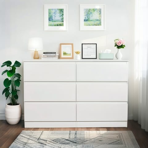 6 Drawer White Dresser, Modern Dresser For Bedroom With Spacious Countertop