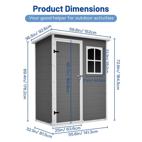 5x3ft Gray Resin Outdoor Storage Shed With Floor, Waterproof Lockable Design