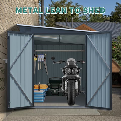 6x8FT Galvanized Steel Outdoor Storage Shed With Lockable Double Doors, Metal