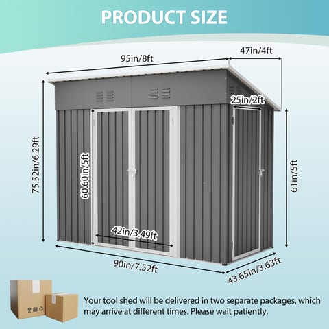 4x8 Slope-Roof Reinforced Storage Shed With Weatherproof Sloping Roof & 4 Air