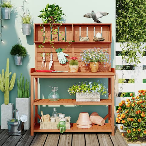 TOPMAX 65 Large Wooden Farmhouse Rustic Outdoor Potting Bench Table, Patio