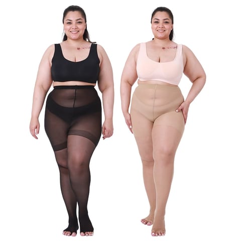 2 Pairs Womens 20D Ultra Toeless Sheer Tights Open Toe Control Top Plus Size