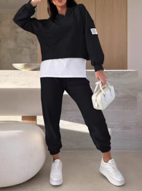 Hooded Sweatshirt Suit Loose Long Sleeve False Two-piece Tops And Jogger Sports