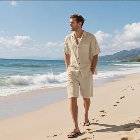 Linen Leisure Breathable Short Sleeve Shirt Beach Suit