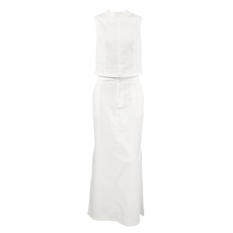 White Cotton Linen Sleeveless Stand Collar Top Slit Loose Long Skirt Two-piece