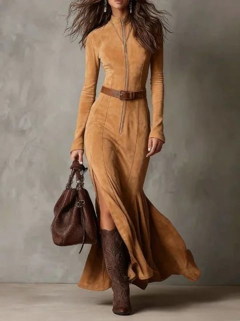 Slim Zipper Dress Elegant Temperament Split Long-sleeved Dresses Cowboy Fashion